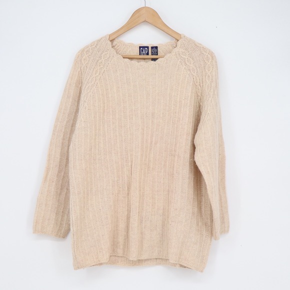 GAP Sweaters - Vintage Gap Lambswool Angora Blend Sweater Cream Cable Knit Scalloped Neck S